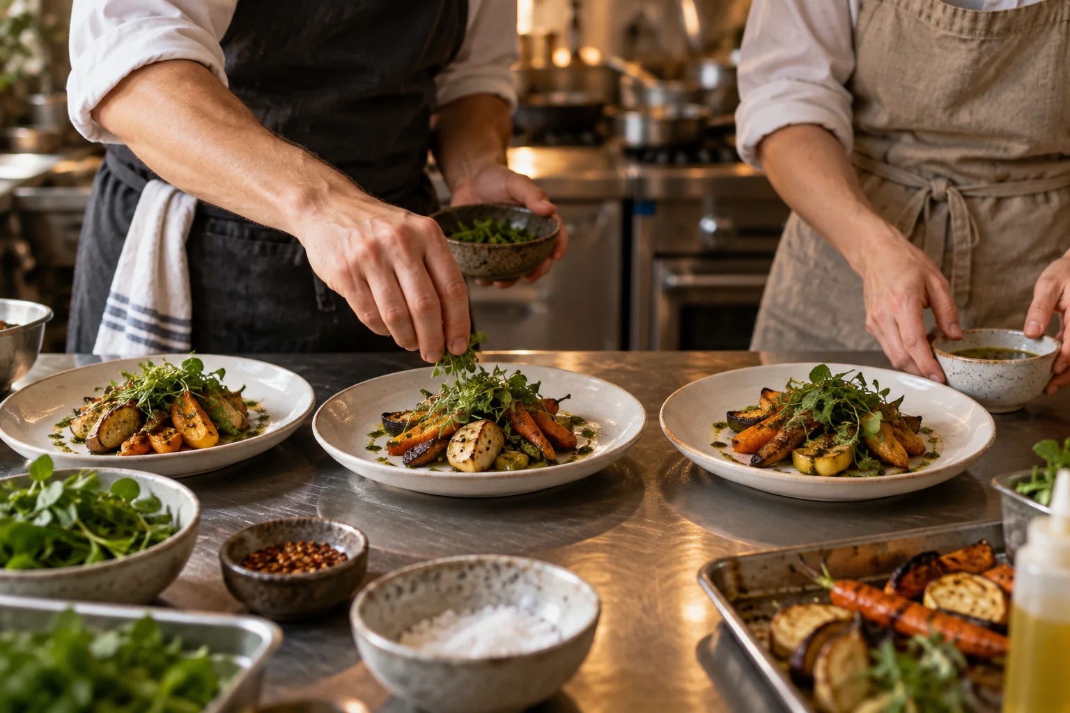 Two cooks preparing matching dishes together in a professional kitchen