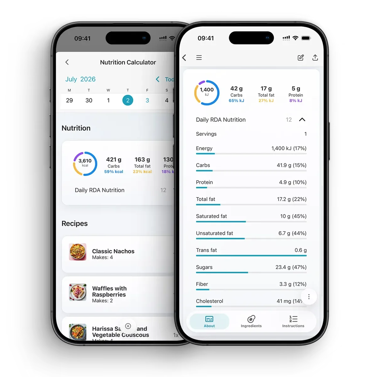 CookBook recipe nutrition breakdown and meal planner nutrition totals shown on phones