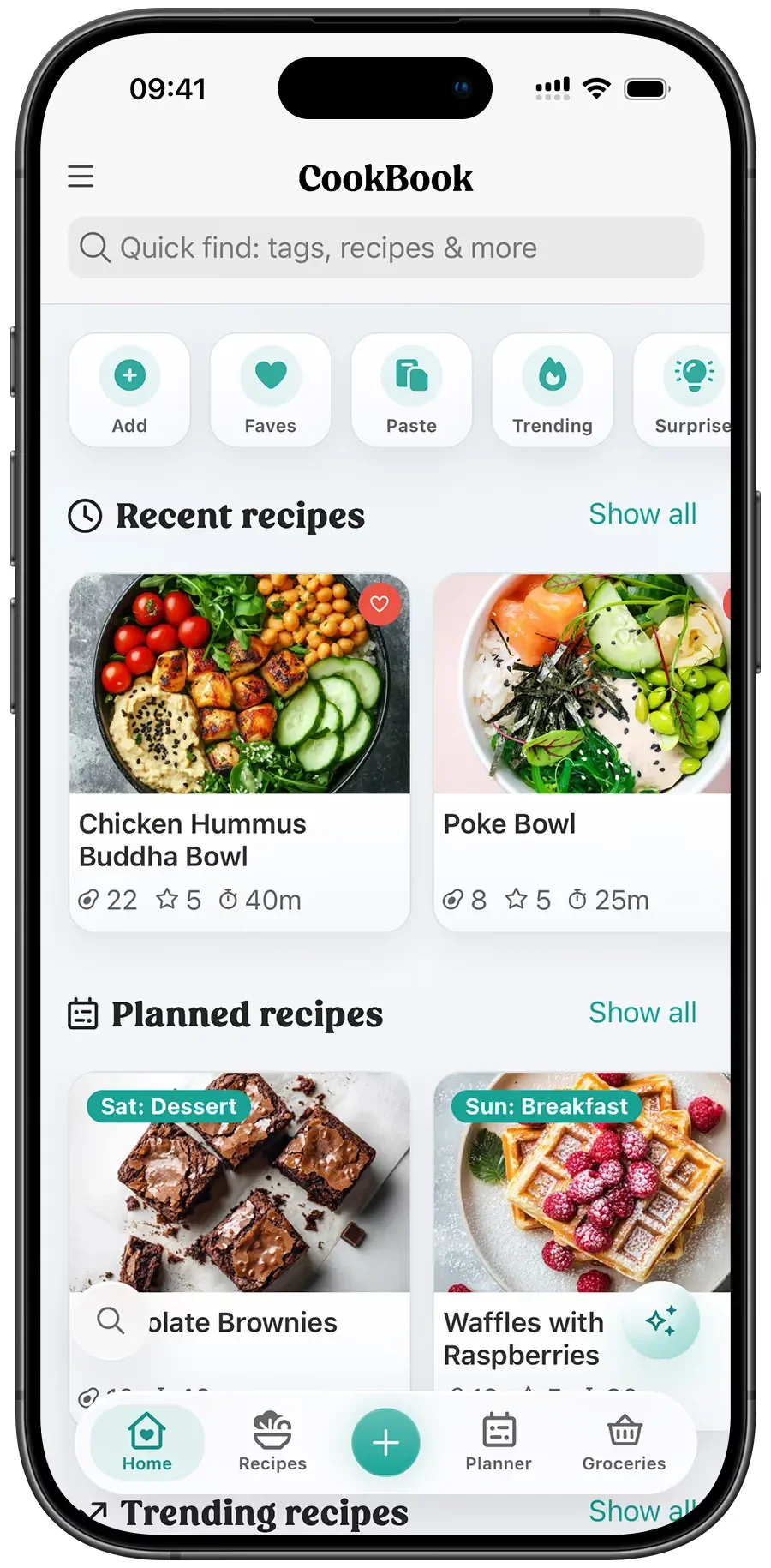 The CookBook app showing a recipe library and planned meals
