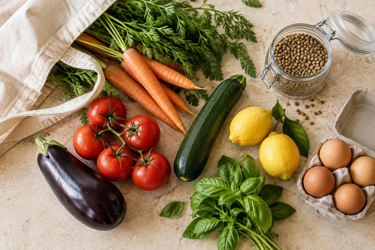 Fresh produce and ingredients ready for a week of cooking