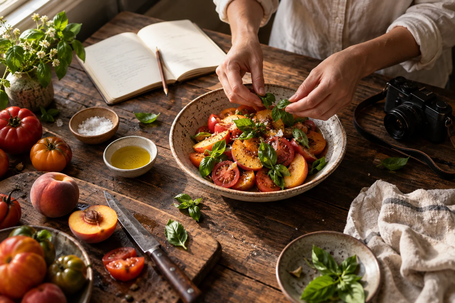A recipe creator finishing a tomato and peach salad beside a camera and notebook