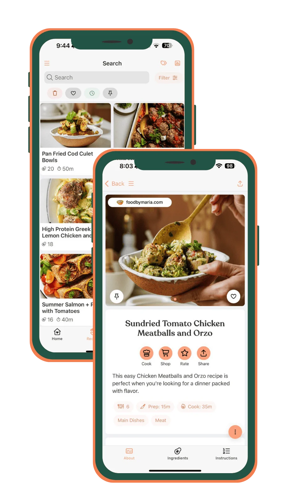 FoodByMaria recipe discovery and cooking details in the app’s own phone artwork