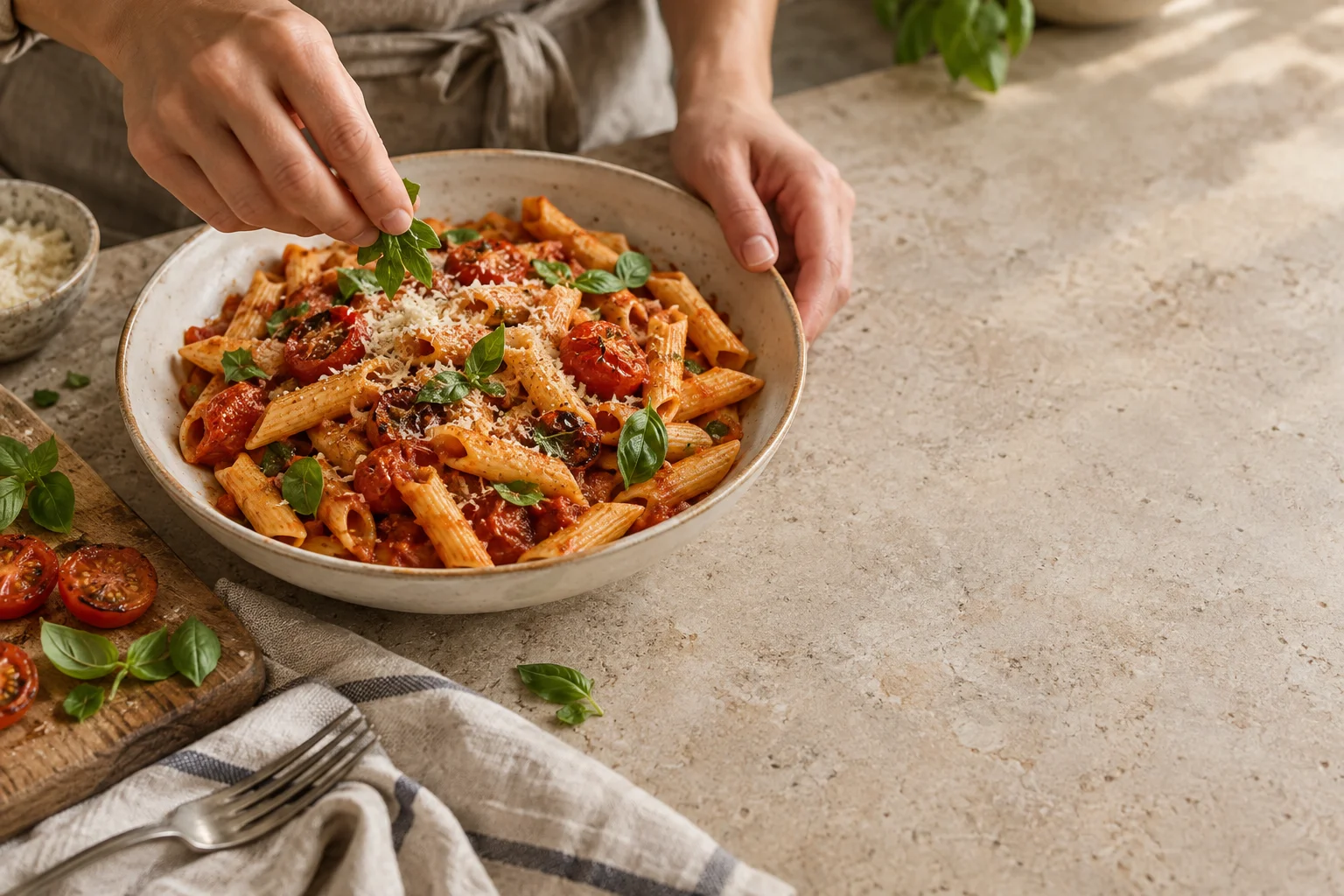 Hands finishing tomato and basil pasta in a kitchen